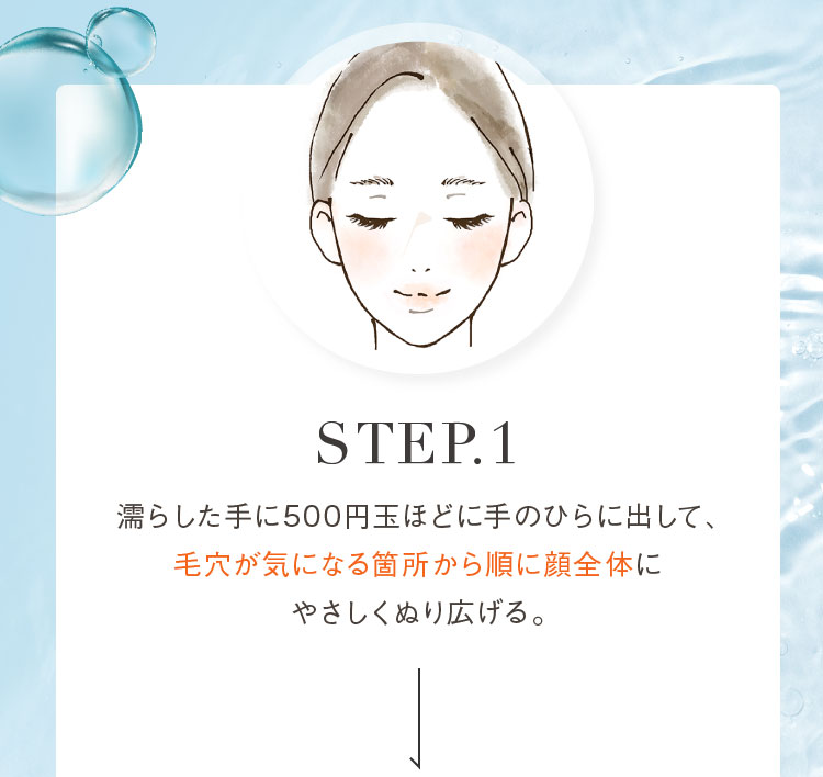 濡らした手に500円玉ほどに手のひらに出して、毛穴が気になる箇所から順に顔全体にやさしくぬり広げる。